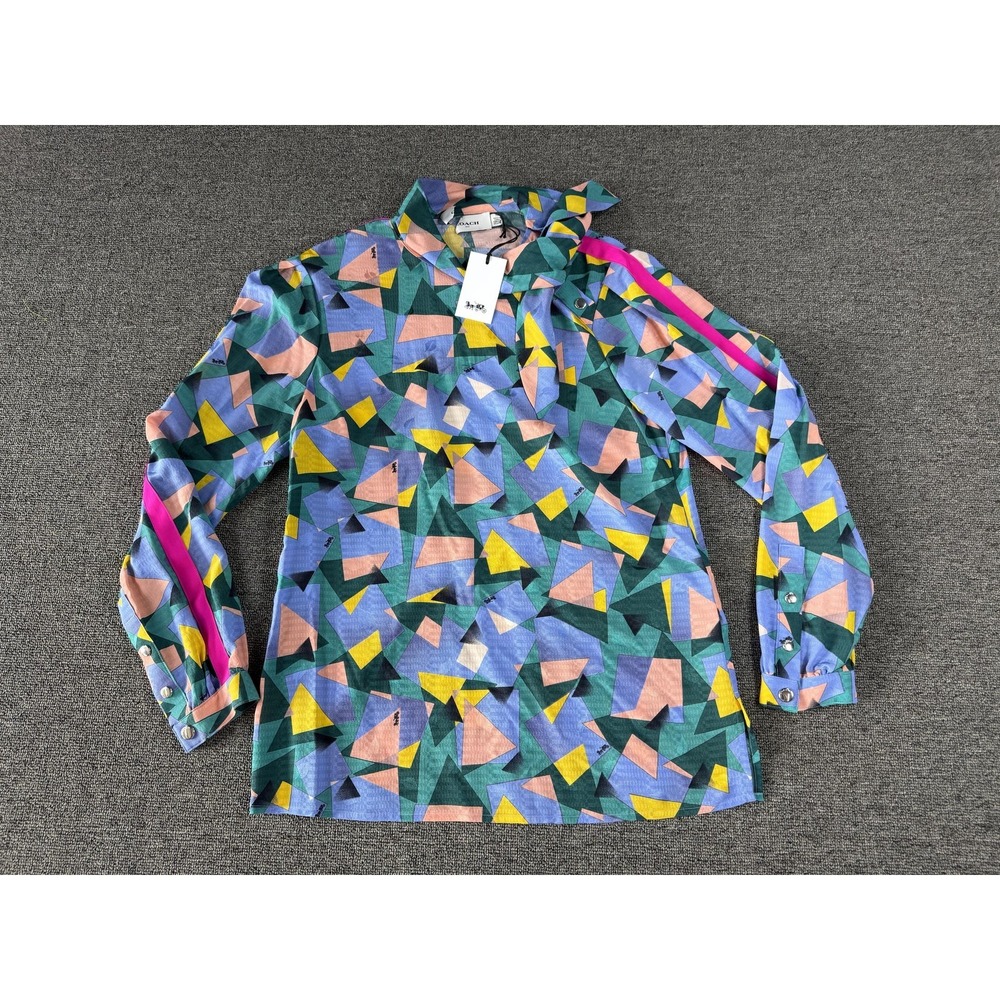 Coach Blouse Womens 00 Blue Bold Geo Tie Neck Silk Long Sleeve Top Abstract
